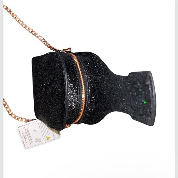 BLACK GLITTER & ROSE GOLD “I ONLY DRINK CHAMPAGNE” BOTTLE CROSSBODY PURSE NWOT - Picture 10 of 16
